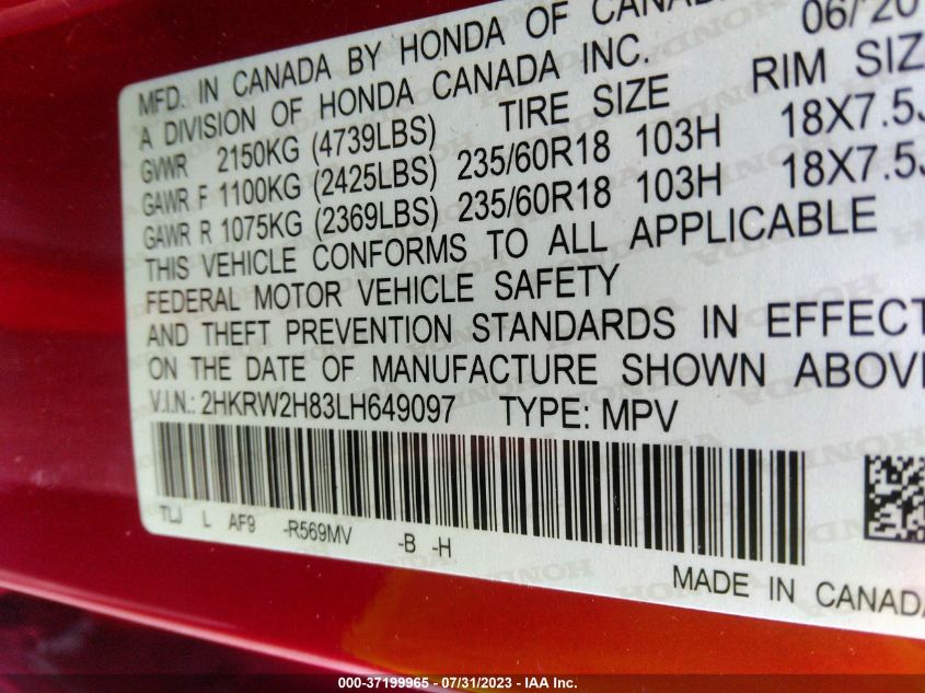 2020 HONDA CR-V EX-L - 2HKRW2H83LH649097