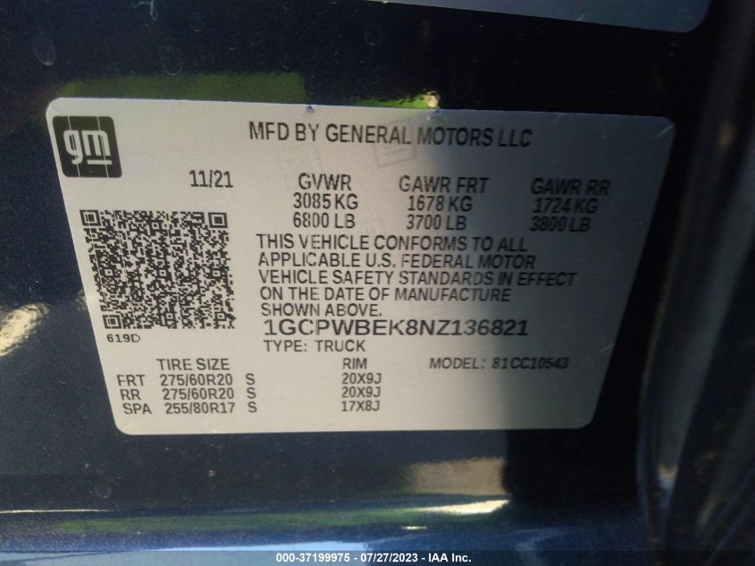 2022 CHEVROLET SILVERADO 1500 LTD CUSTOM - 1GCPWBEK8NZ136821