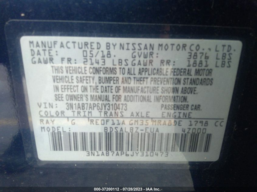 2018 NISSAN SENTRA S/SV/SR/SL - 3N1AB7AP6JY310473