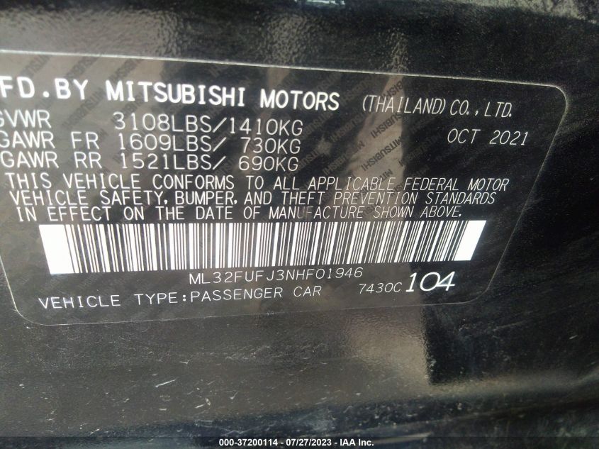 2022 MITSUBISHI MIRAGE G4 ES/LE/BLACK EDITION - ML32FUFJ3NHF01946