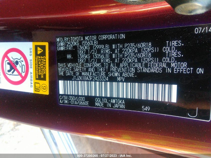 2015 LEXUS RX 350 - JTJZK1BA3F2423324