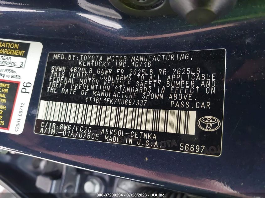 2017 TOYOTA CAMRY LE/XLE/SE/XSE - 4T1BF1FK7HU687337