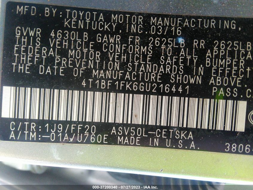 2016 TOYOTA CAMRY SE - 4T1BF1FK6GU216441
