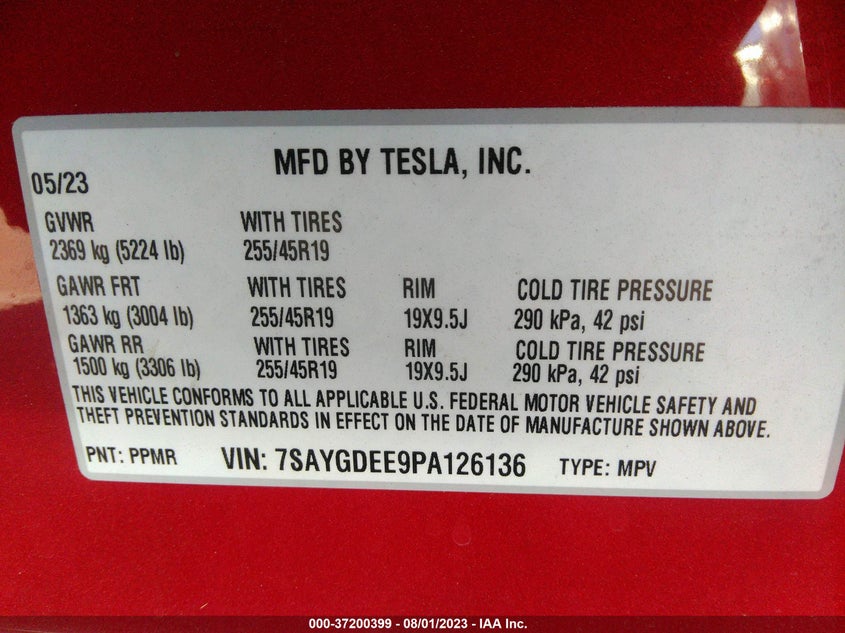 VIN 7SAYGDEE9PA126136 2023 TESLA MODEL Y LONG RANGE
