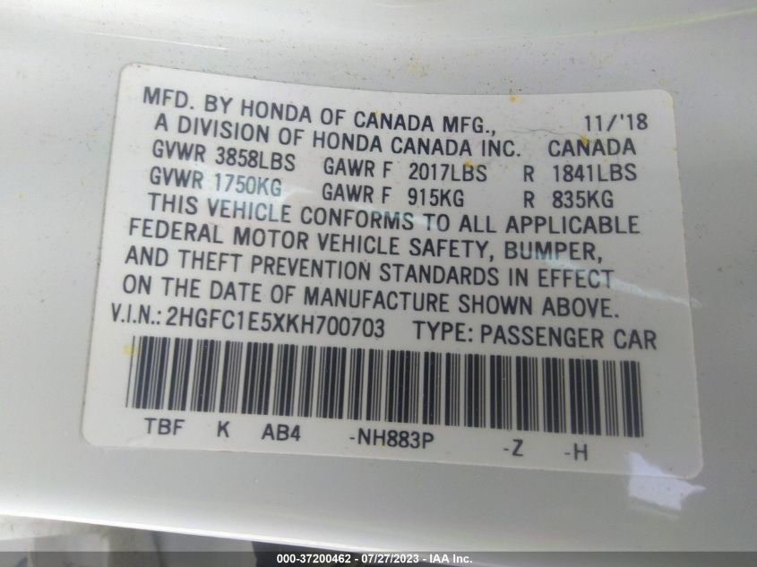 2019 HONDA CIVIC SI SEDAN - 2HGFC1E5XKH700703