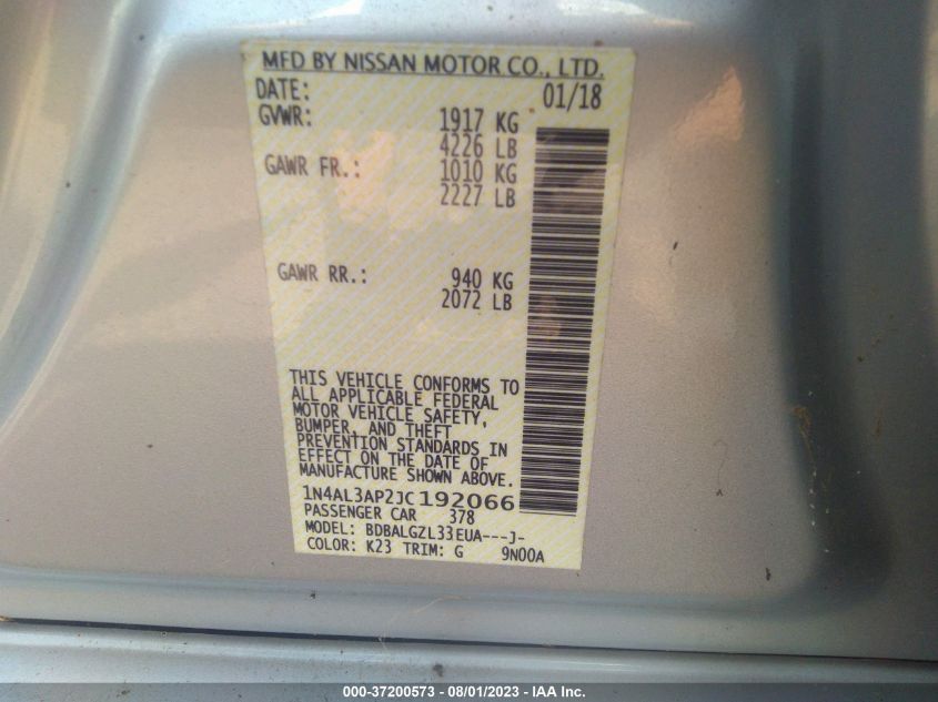 2018 NISSAN ALTIMA 2.5/S/SV/SL/SR - 1N4AL3AP2JC192066