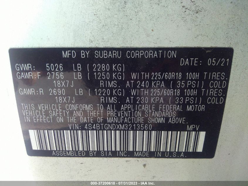 2021 SUBARU OUTBACK LIMITED XT - 4S4BTGNDXM3213560