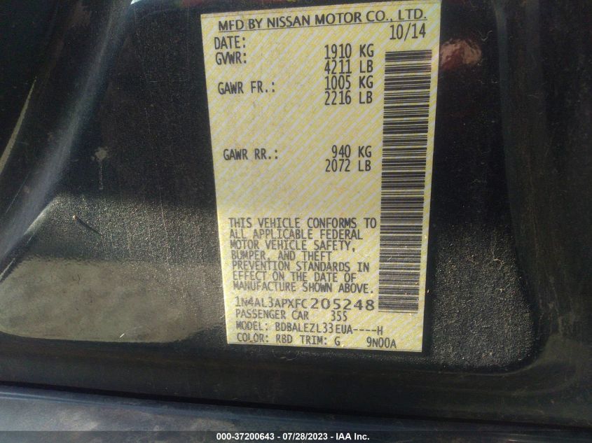 2015 NISSAN ALTIMA 2.5 S - 1N4AL3APXFC205248