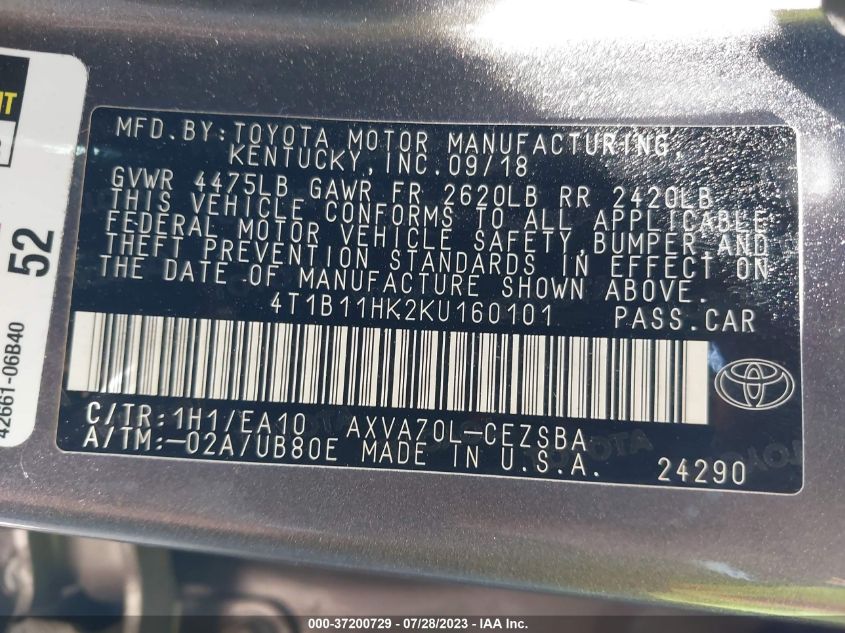 2019 TOYOTA CAMRY LE/SE/XLE/L - 4T1B11HK2KU160101