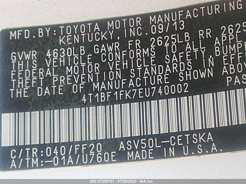 2014 TOYOTA CAMRY L/LE/XLE/SE/SE SPORT - 4T1BF1FK7EU740002