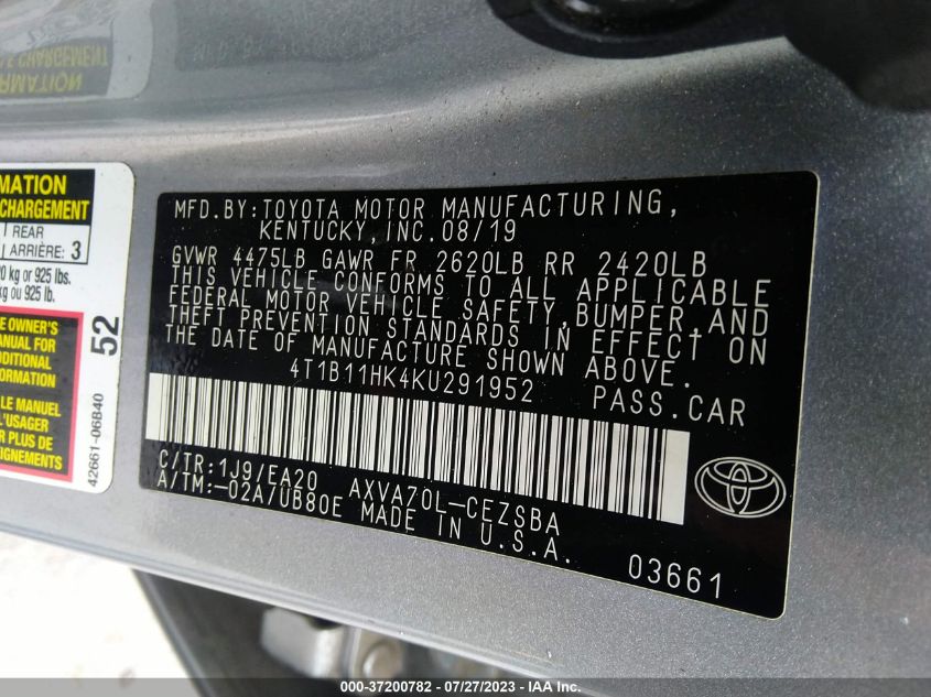 2019 TOYOTA CAMRY SE - 4T1B11HK4KU291952