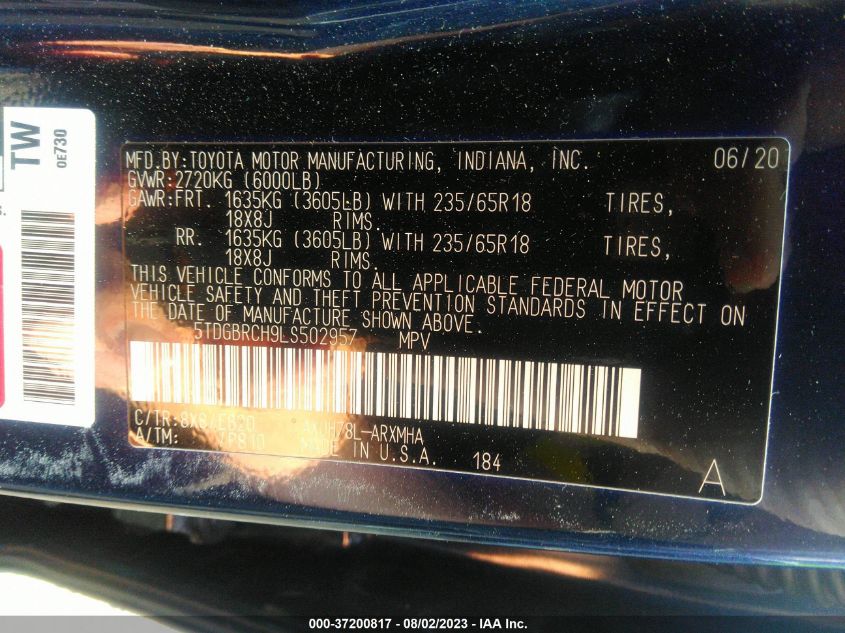 2020 TOYOTA HIGHLANDER HYBRID XLE - 5TDGBRCH9LS502957