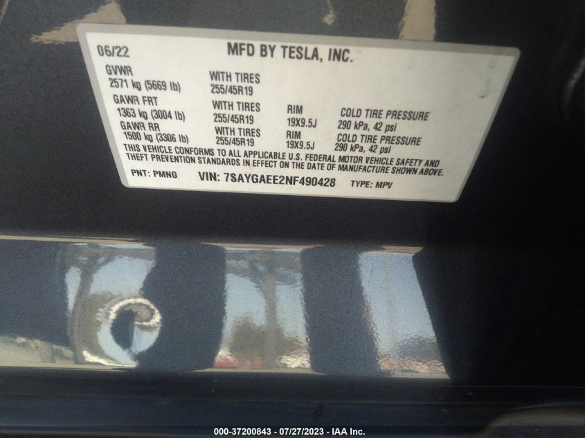 2022 TESLA MODEL Y LONG RANGE - 7SAYGAEE2NF490428