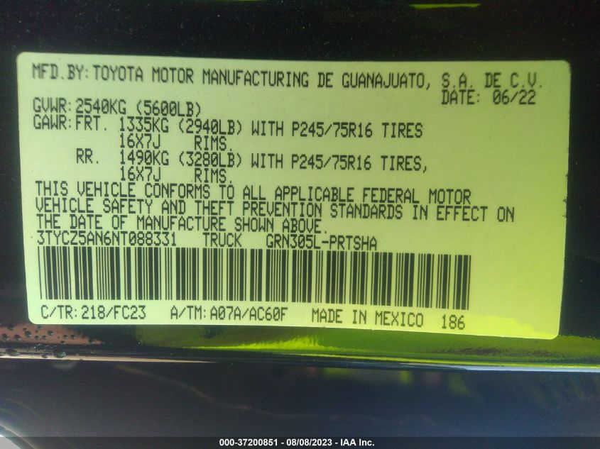 2022 TOYOTA TACOMA 4WD SR/SR5/TRD SPORT - 3TYCZ5AN6NT088331