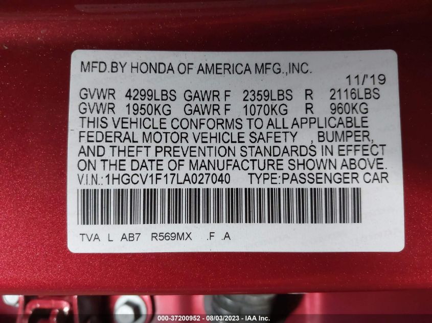 2020 HONDA ACCORD SEDAN LX - 1HGCV1F17LA027040