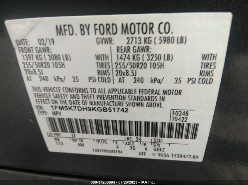 2019 FORD EXPLORER XLT - 1FM5K7DH9KGB51742