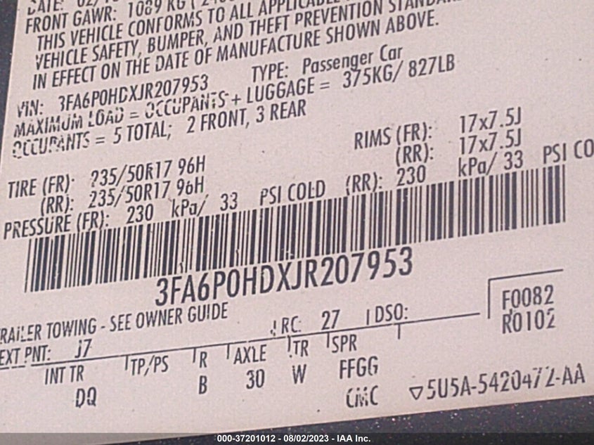 VIN 3FA6P0HDXJR207953 2018 FORD FUSION SE