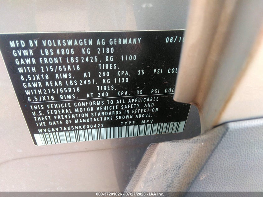 VIN WVGAV7AX5HK000422 2017 VOLKSWAGEN TIGUAN S
