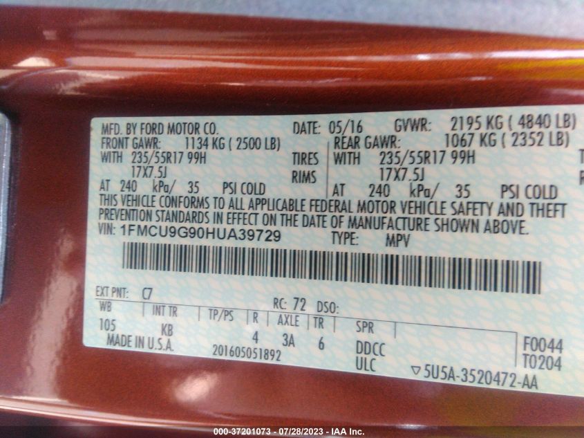 1FMCU9G90HUA39729 2017 FORD ESCAPE, photo no. 9