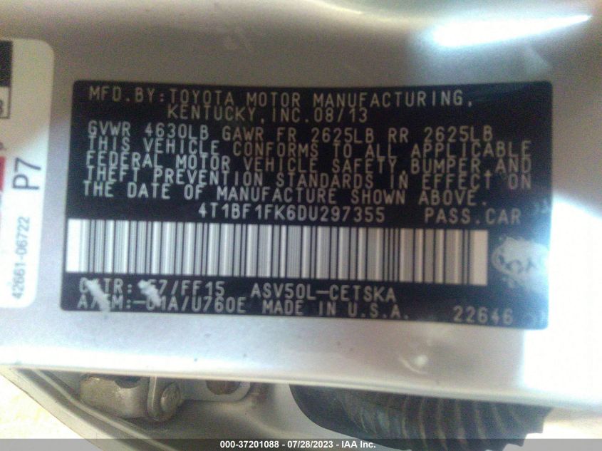2013 TOYOTA CAMRY L/LE/SE/XLE - 4T1BF1FK6DU297355