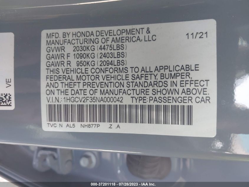 2022 HONDA ACCORD SEDAN SPORT - 1HGCV2F35NA000042