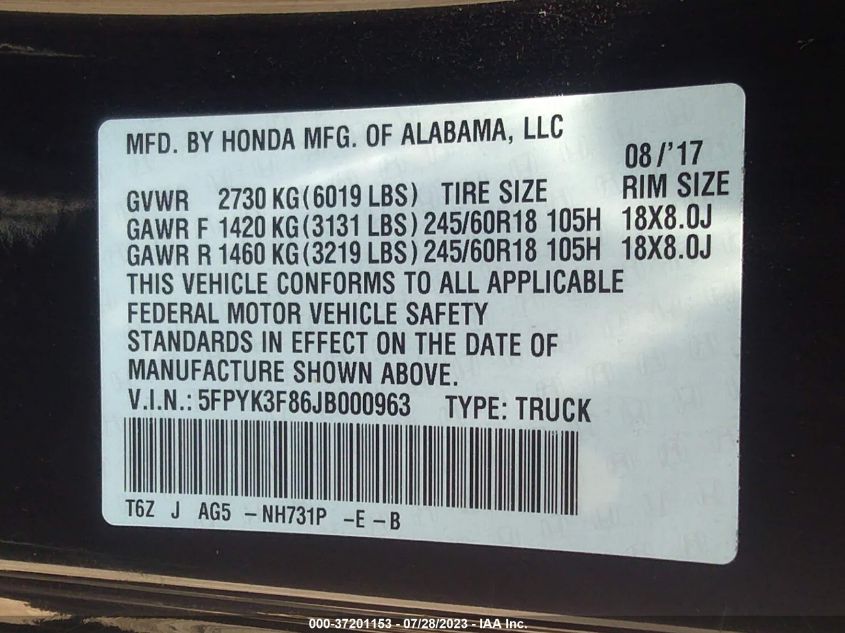2018 HONDA RIDGELINE BLACK EDITION - 5FPYK3F86JB000963