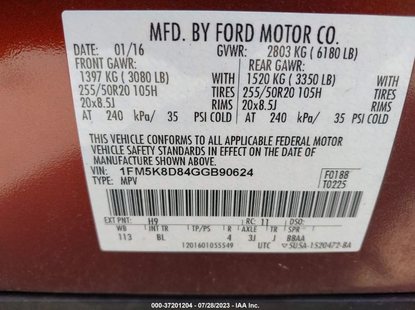 2016 FORD EXPLORER XLT - 1FM5K8D84GGB90624