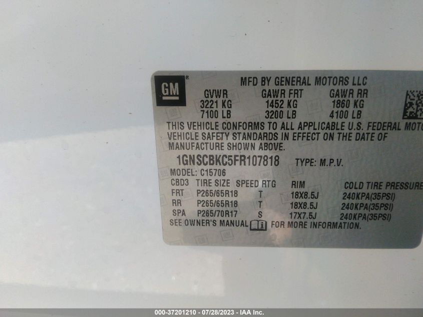 2015 CHEVROLET TAHOE LT - 1GNSCBKC5FR107818