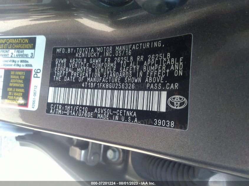 2016 TOYOTA CAMRY XLE/SE/LE/XSE - 4T1BF1FK8GU256326