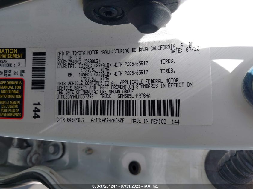 VIN 3TMCZ5AN4LM357399 2020 TOYOTA TACOMA 4WD SR5/TRD SPORT