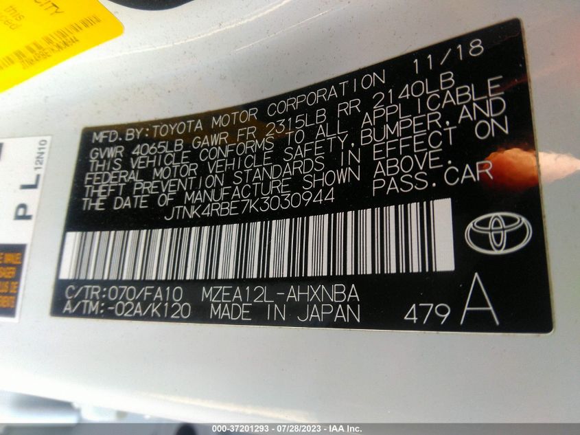 2019 TOYOTA COROLLA HATCHBACK SE/XSE JTNK4RBE7K3030944
