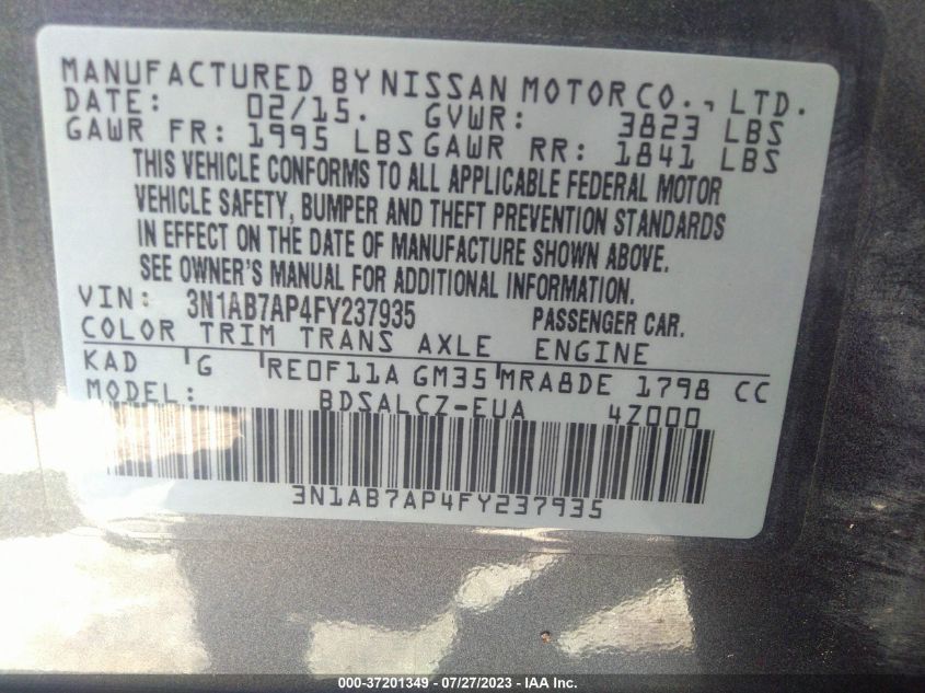 2015 NISSAN SENTRA SR/SL/S/SV/FE+ S - 3N1AB7AP4FY237935