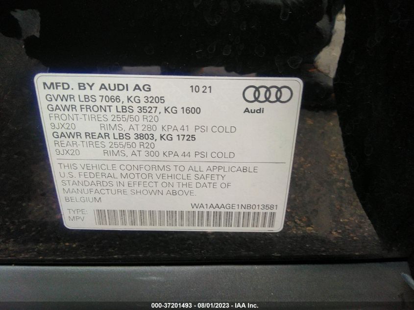 2022 AUDI E-TRON PREMIUM - WA1AAAGE1NB013581