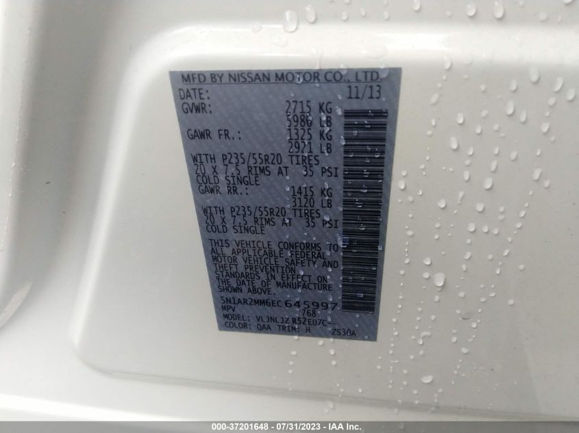 2014 NISSAN PATHFINDER PLATINUM - 5N1AR2MM6EC645997