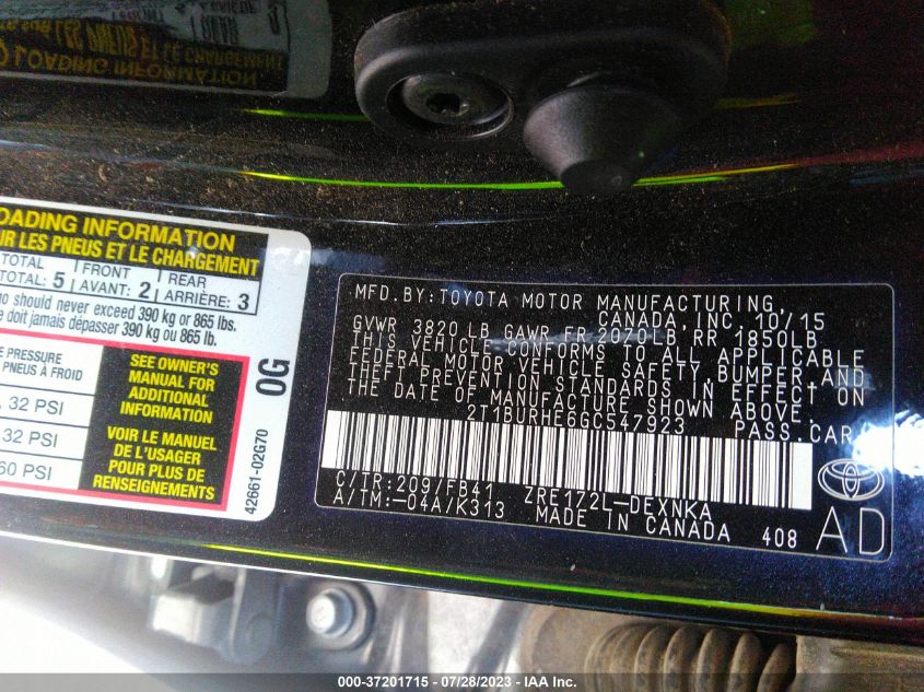 2016 TOYOTA COROLLA L/LE/LE PLS/PRM/S/S PLS - 2T1BURHE6GC547923