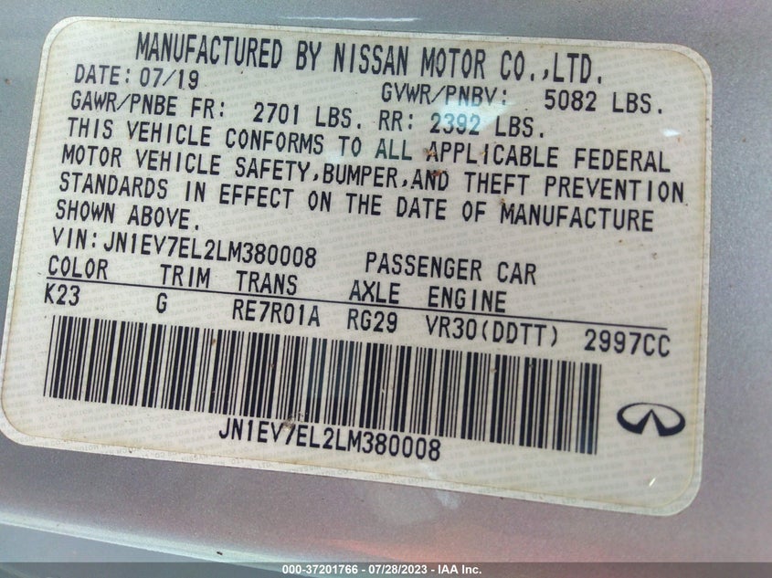 VIN JN1EV7EL2LM380008 2020 INFINITI Q60 3.0T PURE