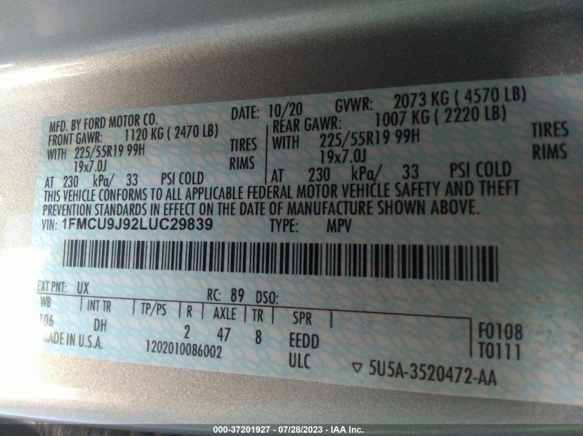 2020 FORD ESCAPE TITANIUM - 1FMCU9J92LUC29839