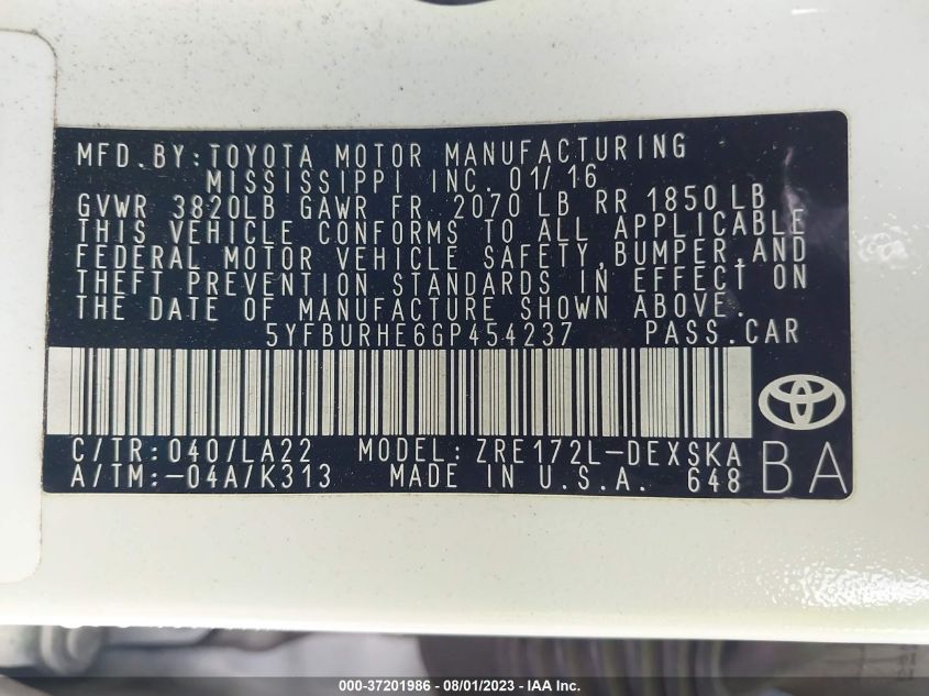 2016 TOYOTA COROLLA L/LE/LE PLS/PRM/S/S PLS - 5YFBURHE6GP454237