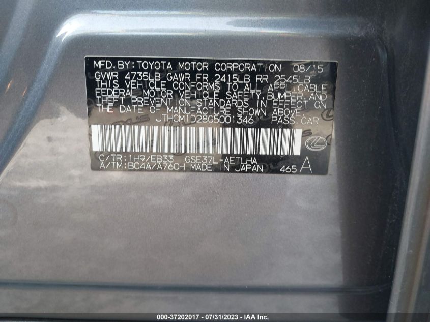2016 LEXUS IS 300 - JTHCM1D28G5001346