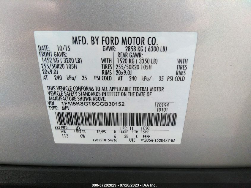 2016 FORD EXPLORER SPORT - 1FM5K8GT8GGB30152