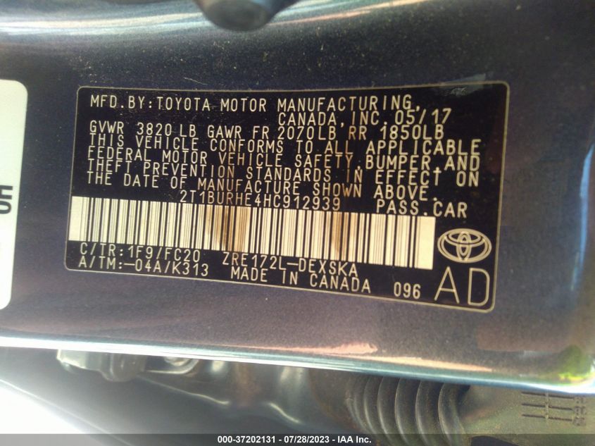 2017 TOYOTA COROLLA L/LE/XLE/SE - 2T1BURHE4HC912939