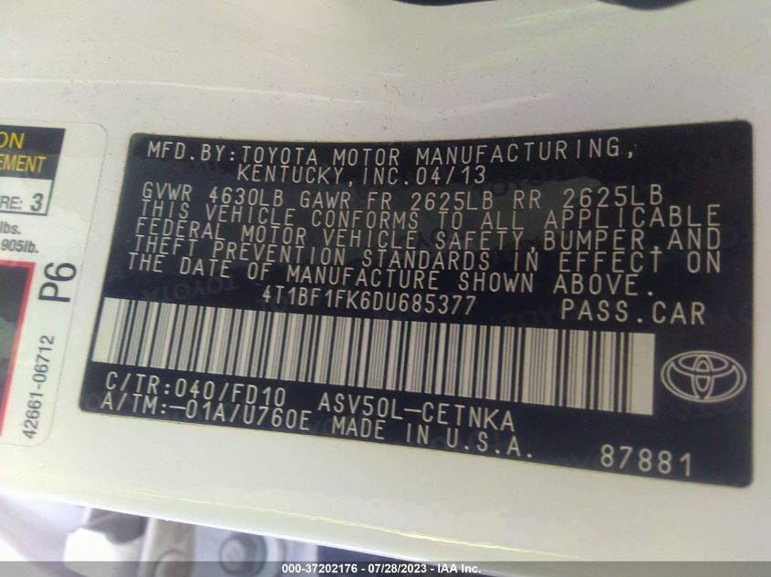 2013 TOYOTA CAMRY L/LE/SE/XLE - 4T1BF1FK6DU685377