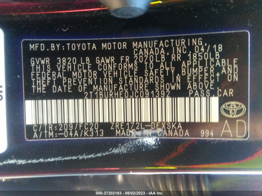2018 TOYOTA COROLLA L/LE/XLE/SE/XSE - 2T1BURHE0JC091392
