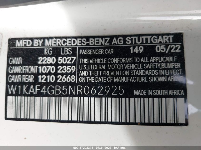 2022 MERCEDES-BENZ C-CLASS C 300 - W1KAF4GB5NR062925