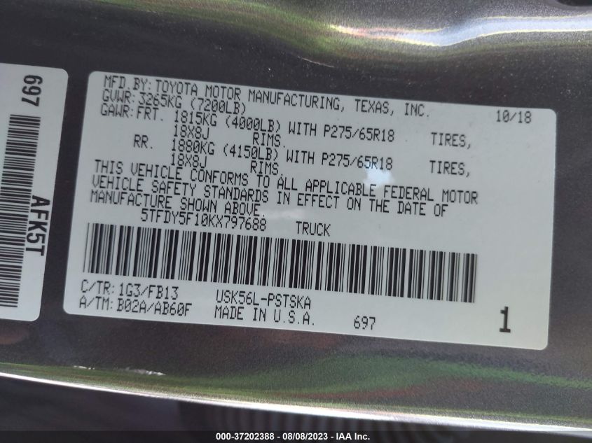 2019 TOYOTA TUNDRA SR5 5.7L V8 5TFDY5F10KX797688