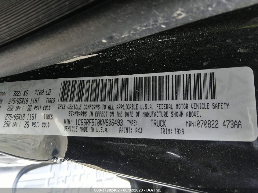 2019 RAM 1500 BIG HORN/LONE STAR - 1C6SRFBT0KN906493