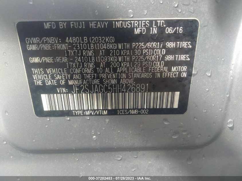 2017 SUBARU FORESTER PREMIUM - JF2SJAGC5HH426891