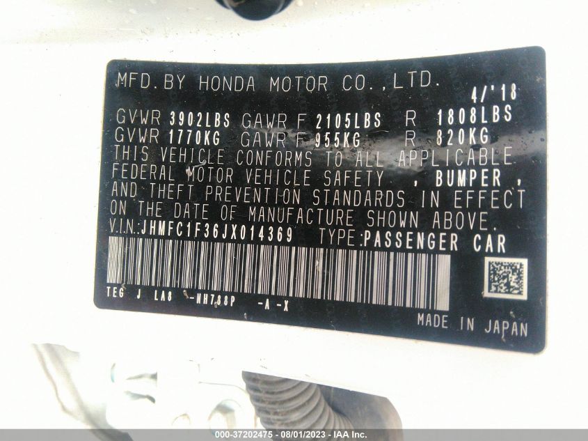 2018 HONDA CIVIC SEDAN EX-T - JHMFC1F36JX014369
