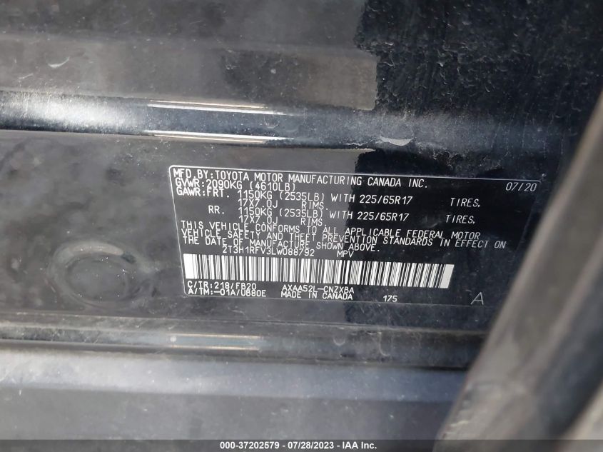 Auction sale of the 2020 TOYOTA RAV4 , vin: 2T3H1RFV3LW088792, lot number: 37202579