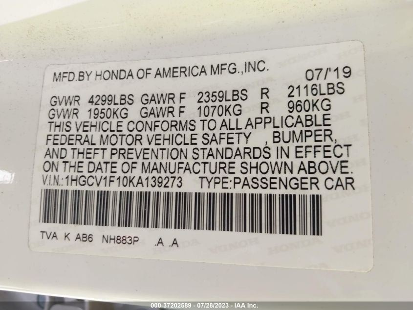 2019 HONDA ACCORD SEDAN LX 1.5T - 1HGCV1F10KA139273